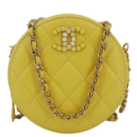 Chanel  Crystal CC Round Quilted Caviar Leather Chain Crossbody Bag Yellow - Picture 1 of 13